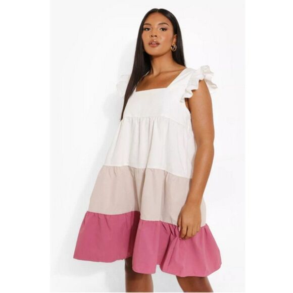 boohoo Plus Color Block Tiered Smock Dress                                   494 - Picture 2 of 13